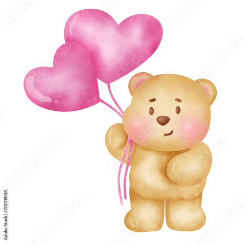 Hand painted watercolor  teddy bear with heart balloon  for Valentine's day card or romantic post cards.