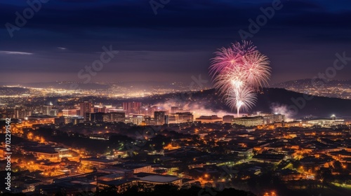 A spectacular New Year's Eve fireworks display over a city skyline
