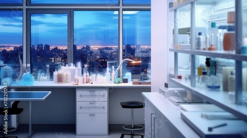 A laboratory with a view of the city. Research institute, laboratory interior with equipment, work benches and shelves