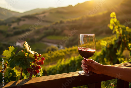 Wine and relaxation, a serene scene featuring a person enjoying a glass of wine on a balcony or terrace overlooking a vineyard or scenic landscape.