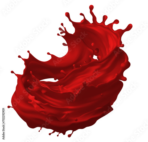 Red paint splashing isolated on white background. 3d rendering. red liquid tomato juice, vector realistic isolated 3d. Red fruit flow or tomato ketchup splash