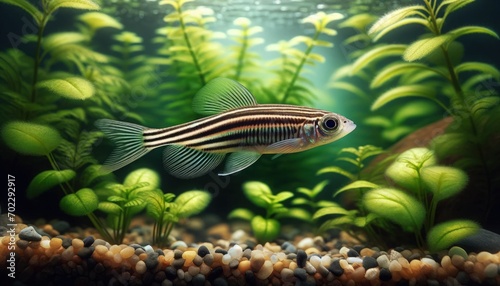 Zebrafish (Danio rerio) displaying their unique striped pattern and agile movement in a natural, well-planted aquarium environment.
 photo