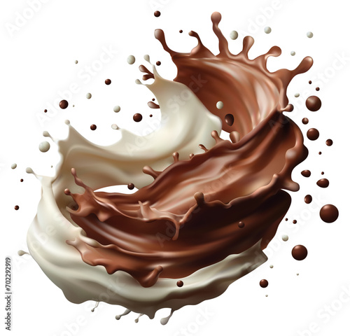 Milk and chocolate splash swirls and flow. Realistic vector background with cocoa and milky waves with drops. Vector illustration isolated on white background.