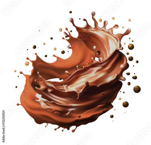 Chocolate milk twister, whirlwind or tornado realistic splash. Coffee and cocoa vector brown swirl, stream, liquid splashing with droplets isolated on white background.