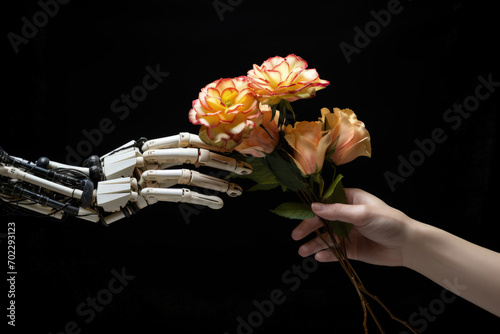 girl gives flowers to a robot hand to hand 
