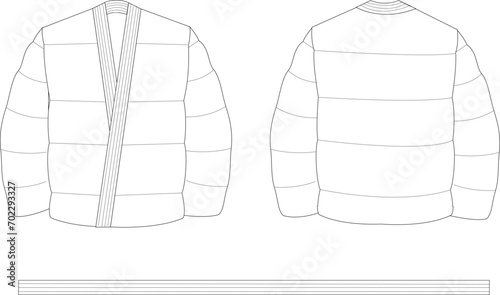 Indulge in the allure of contemporary fashion with this meticulously crafted technical drawing featuring a kimono-inspired puffer jacket. The illustration intricately details the fusion of traditional