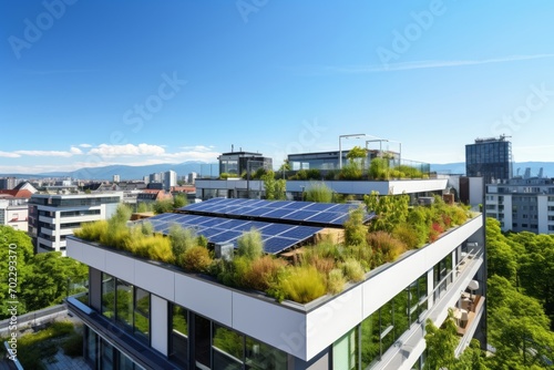 Modern urban dwelling with a green roof, eco-friendly apartment building with rooftop gardens and solar panels. photo
