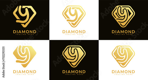 Set of diamond logos with initial letter Y. These logos combine letters and rounded diamond shapes using gold gradation colors. Suitable for diamond shops, e-commerce