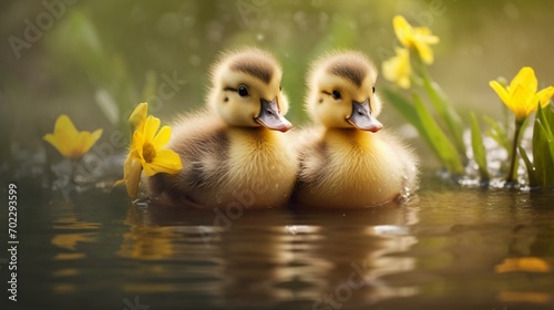 Two adorable ducklings in a pond, their fluffy down and playful quacks adding a touch of innocence to the scene, capturing the essence of childhood and curiosity.