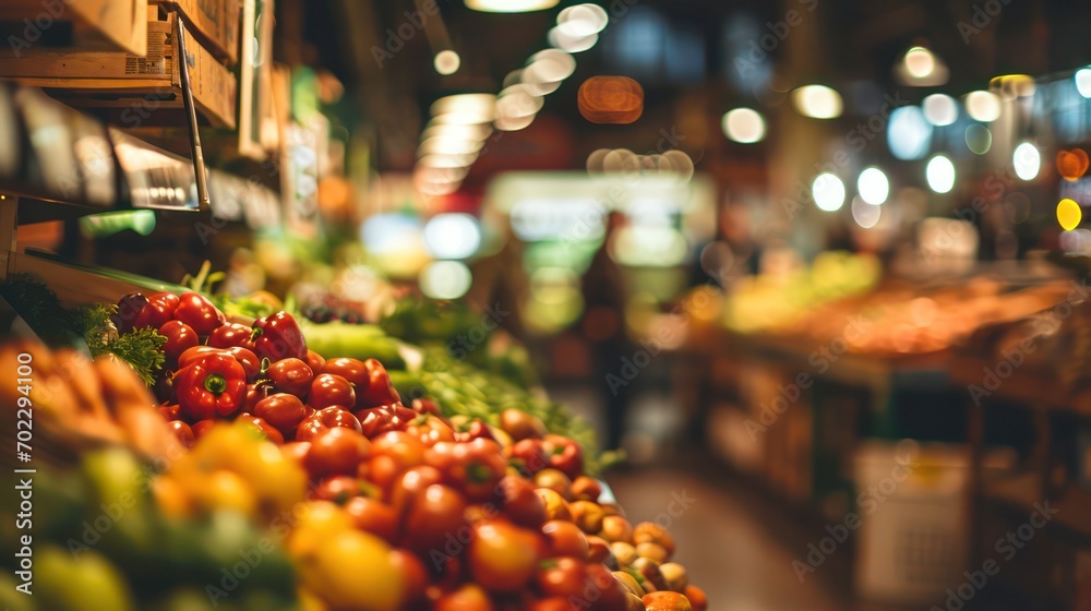 Background blur of a grocery market with shoppers.
 - obrazy, fototapety, plakaty 