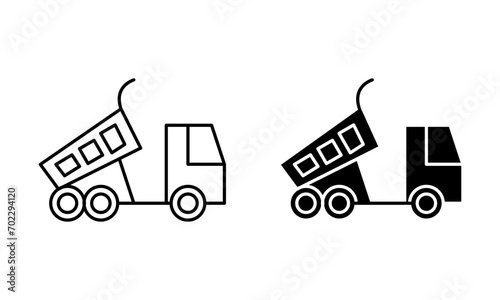 Tipper truck flat line icon set. load unloading hopper carrier dumper Thin line illustration vector
