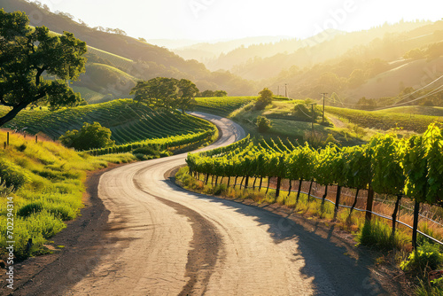 Wine country road trip, a picturesque image of a winding road through vineyards, inviting viewers to embark on a scenic wine country road trip. photo