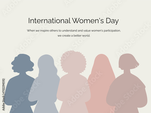 Banner, poster for International Women's Day. Silhouettes of women of different nationalities in pastel colors. Event.