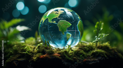 Environment. Glass globe on grass, moss in the forest - green planet. ecological concept