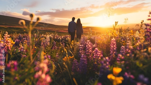 Gefühle im Blumenmeer: Ein Paar erlebt die Romantik des Sonnenuntergangs photo