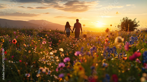 Gefühle im Blumenmeer: Ein Paar erlebt die Romantik des Sonnenuntergangs photo