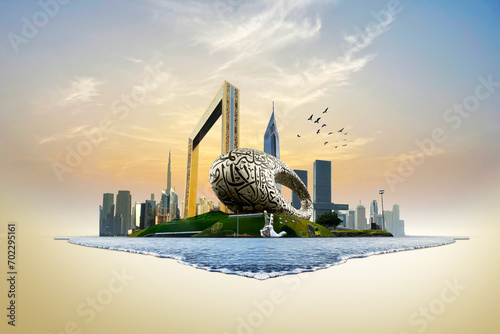 Dubai city 3d concept background. amazing city center skyline with luxury skyscrapers at sunrise, United Arab Emirates 