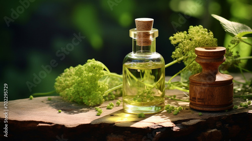 bottle, jars of angelica essential oil extract photo