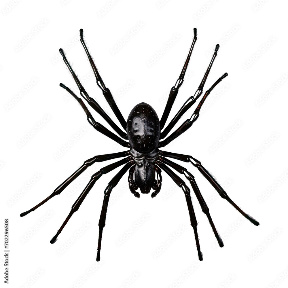 Black plastic Halloween spider isolated cutout on transparent background
