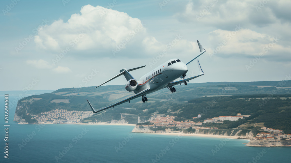 Flying passenger plane over the ground seen from a bird's eye view Flying passenger plane over the ground seen from a bird's eye view