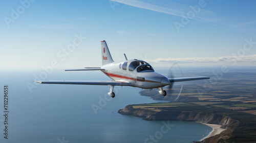 Flying light passenger plane over land and ocean seen from a bird's eye view