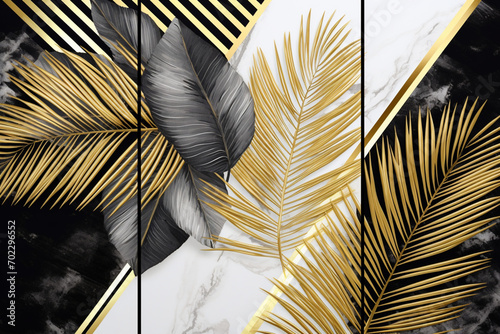 Palm leaves gold black white marble template