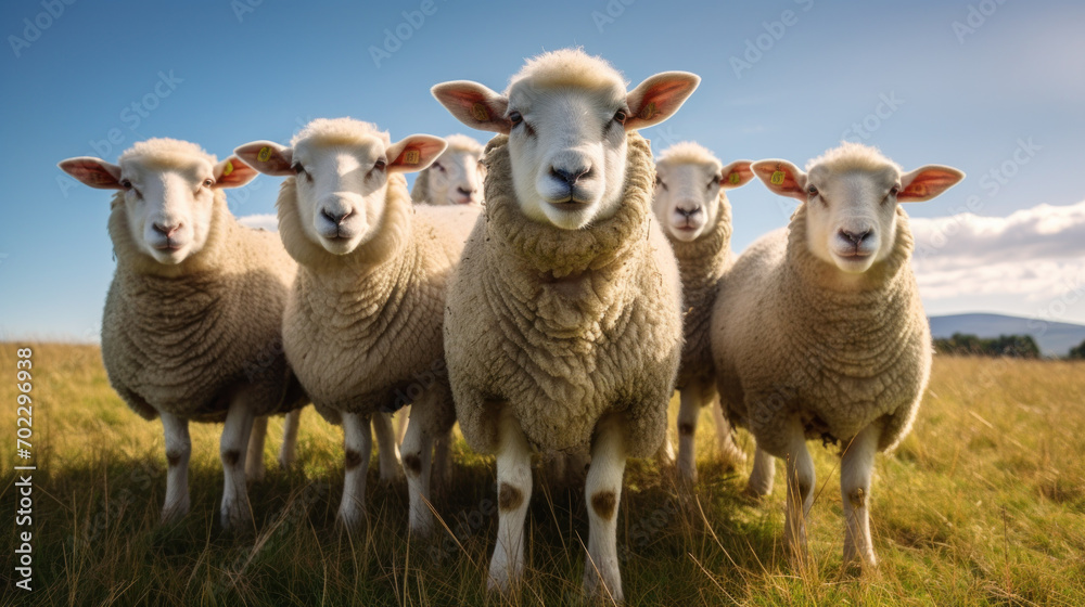 Obraz premium sheep standing on top of a grass covered field