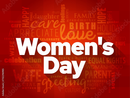Women's Day is a global day celebrating the social, economic, cultural, and political achievements of women, word cloud concept background