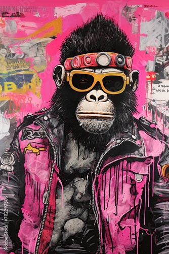 Gorilla punk rockstar wearing leather jacket and sunglasses. Abstract poster design. Generative Ai