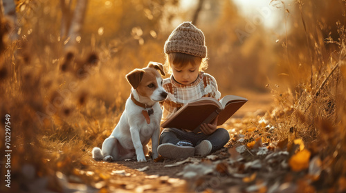 Child and dog reading book together photo