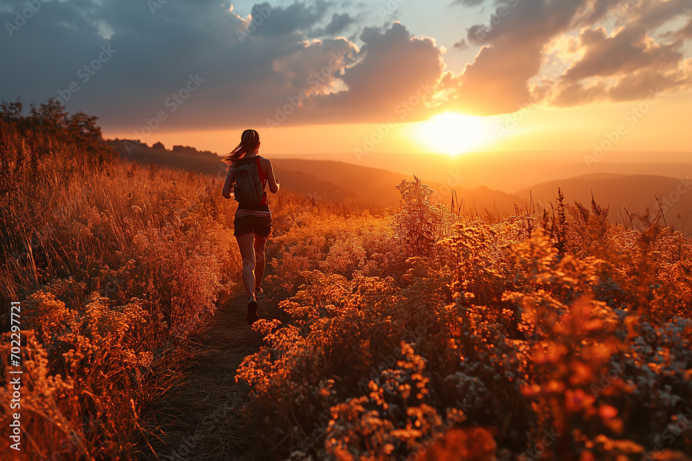 Fototapeta premium Silhouette of a woman running on a meadow when sunset.