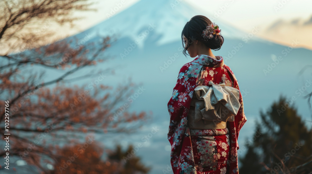 Japanese woman wearing Kimono walking and Fuji background