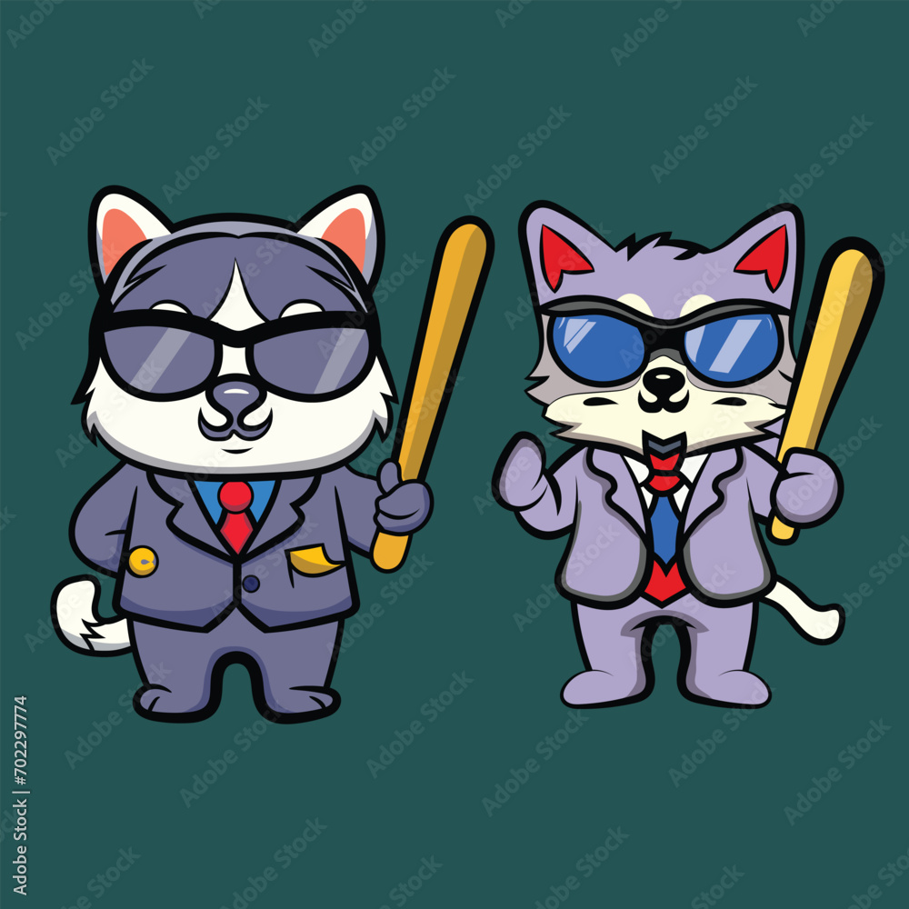 cute cat wearing a suit and sunglasses with a bat cartoon icon illustration