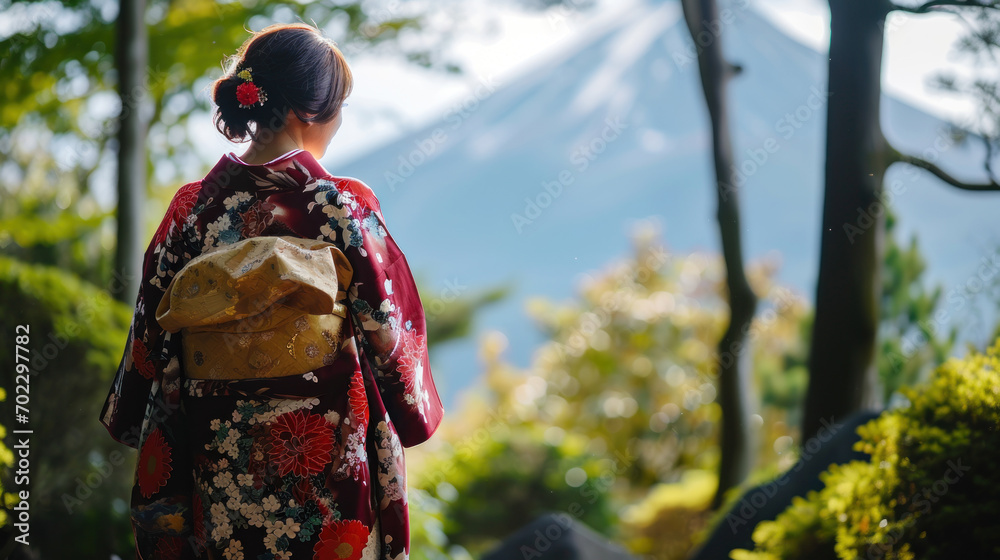 Japanese woman wearing Kimono walking and Fuji background Japanese woman wearing Kimono walking and Fuji background