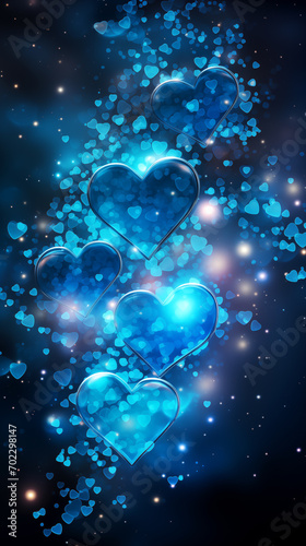 Blue hearts on beautiful dark background. Valentine's Day card.