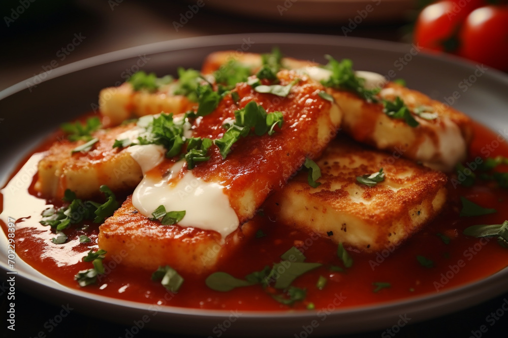 Fried halloumi cheese with tomato sauce Fried halloumi cheese with tomato sauce
