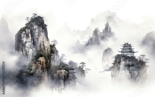 Majestic Chinese mountain peak with an ancient temple shrouded in mist chinese painting illustration photo