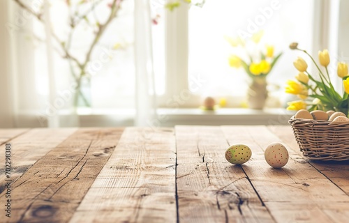 Perspective of table in light colored wooden, some eggs laying on the table surface, blurred background of kitchen or dining room for easter card, celebration of holiday. Beautiful banner.