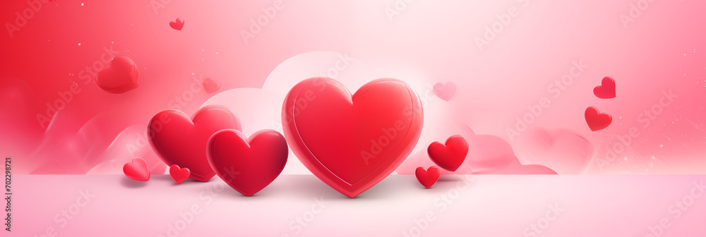 Valentine's Day banner with red hearts on abstract pink background. Panoramic web header. Wide screen wallpaper.