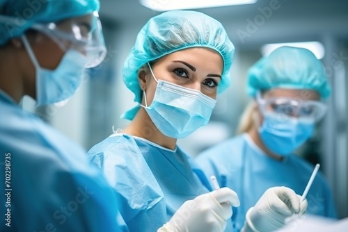 Surgeon and nurse during a dental operation, Team of dental surgeons performs surgery on teeth in a modern clinic, General anesthesia during orthodontic surgery. ai generative photo