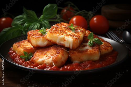 Fried halloumi cheese with tomato sauce