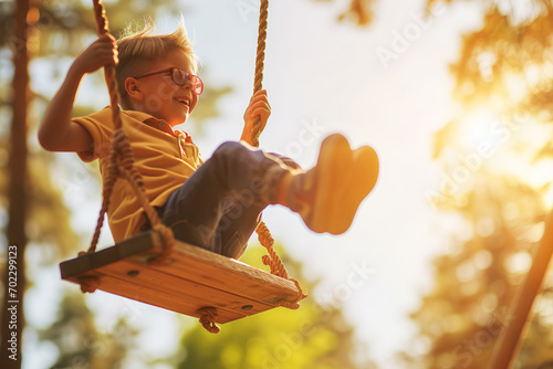 Joyful Boy with Down Syndrome Swinging into the Sunlight