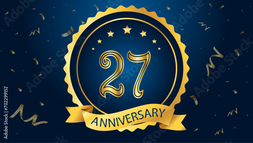 Celebrate the 27th anniversary with gold letters, gold ribbons and confetti on a dark blue background