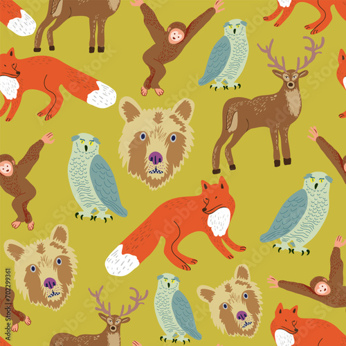 seamless pattern with different animals in flat style. Template for design  print  background  packaging  book  wrapping paper  fabric.