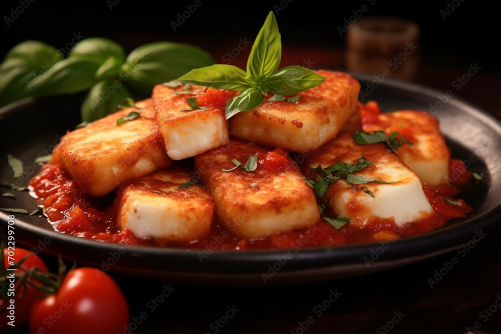 Fried halloumi cheese with tomato sauce Fried halloumi cheese with tomato sauce