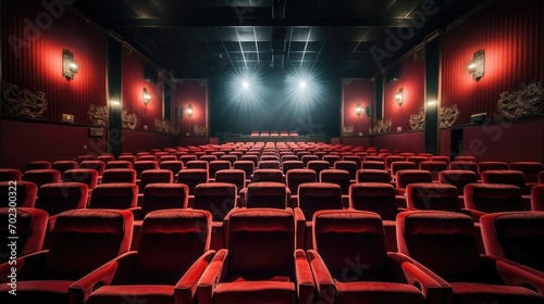 Empty cinema hall with red seats in Movie theatre. Generative AI.