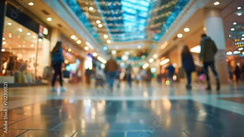 A shopping concept background with a modern shopping mall in blur, portraying several shoppers in motion.
