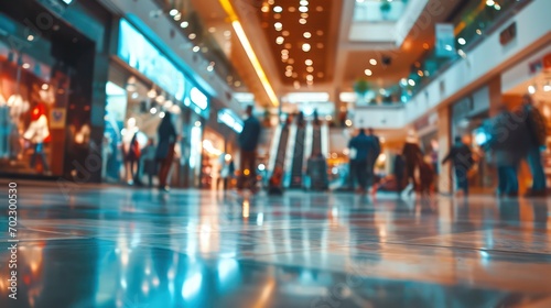A shopping concept background with a modern shopping mall in blur, portraying several shoppers in motion. 
