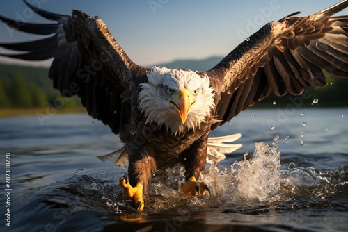 An sea eagle catching a fish in the water. Generative AI.