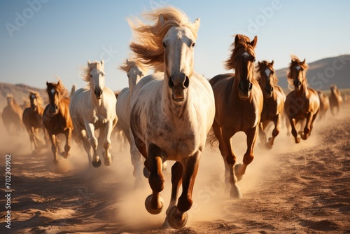Group of horses running in the desert. Generative AI. © visoot